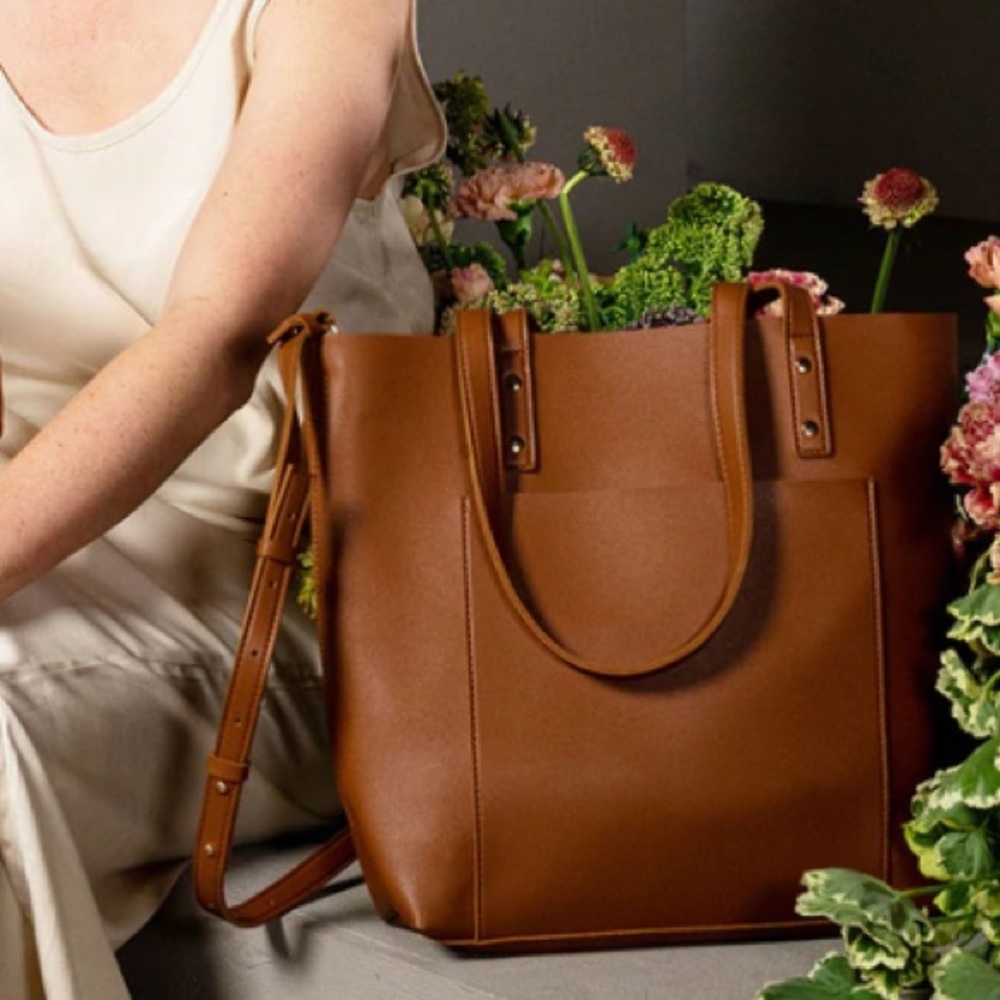 Women’s Tan Leather Tote Bag with Front Pocket - Picture 2 of 12
